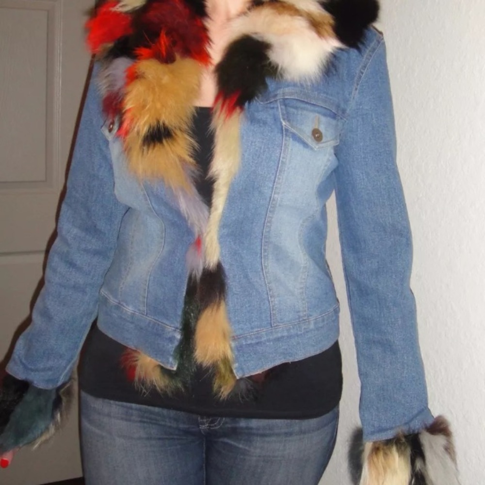 Blue Jean Jacket with Colorful Fur Accents